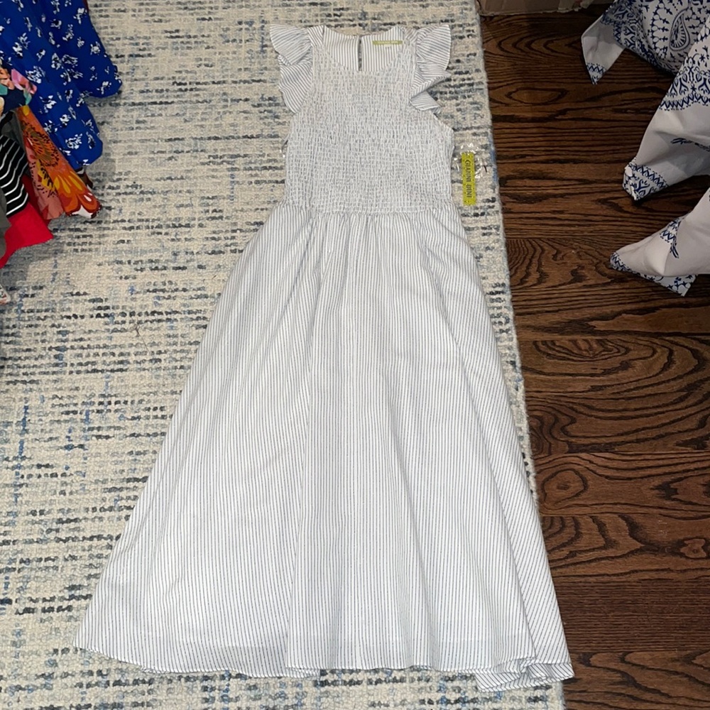 Navy blue and white striped maxi dress